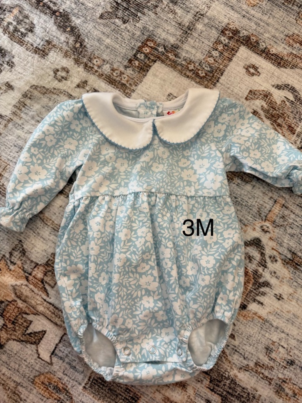 Classic Peter Pan Collar Floral Baby One-Piece - Light Blue & White